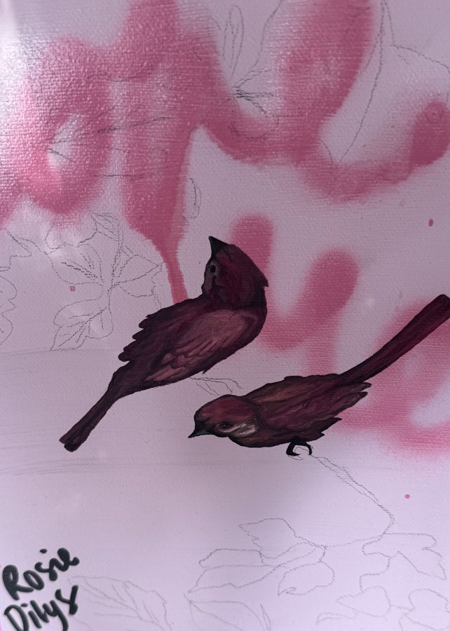 Study of two sparrows over pink spray-painted lettering, signed Rosie Dilys